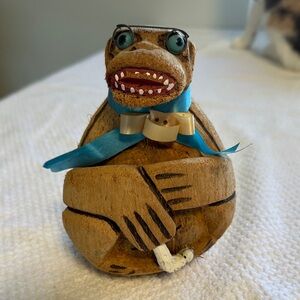 Vintage Carved Coconut Sitting Monkey With Glasses Golf Club And Golf Ball Cute!